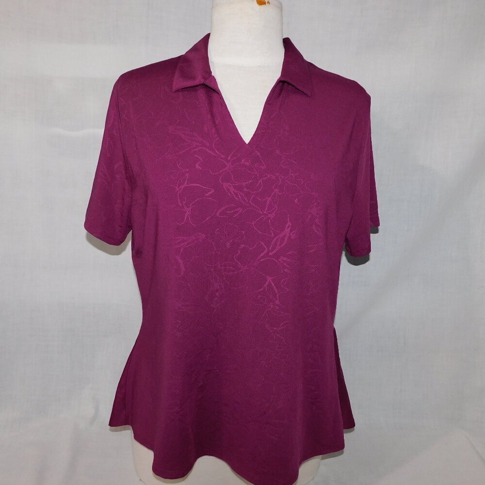 Callaway Opti Dri Purple Plum V Neck Golf Polo Shirt Back Ruffle Womens L
